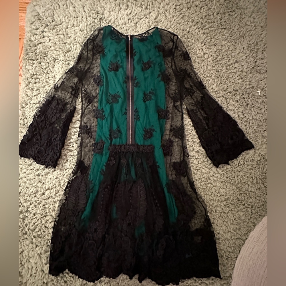 3.1 Philip Lim 2 Piece Green and Black Lace Dress with Bell Sleeves Size 4 - Picture 11 of 13